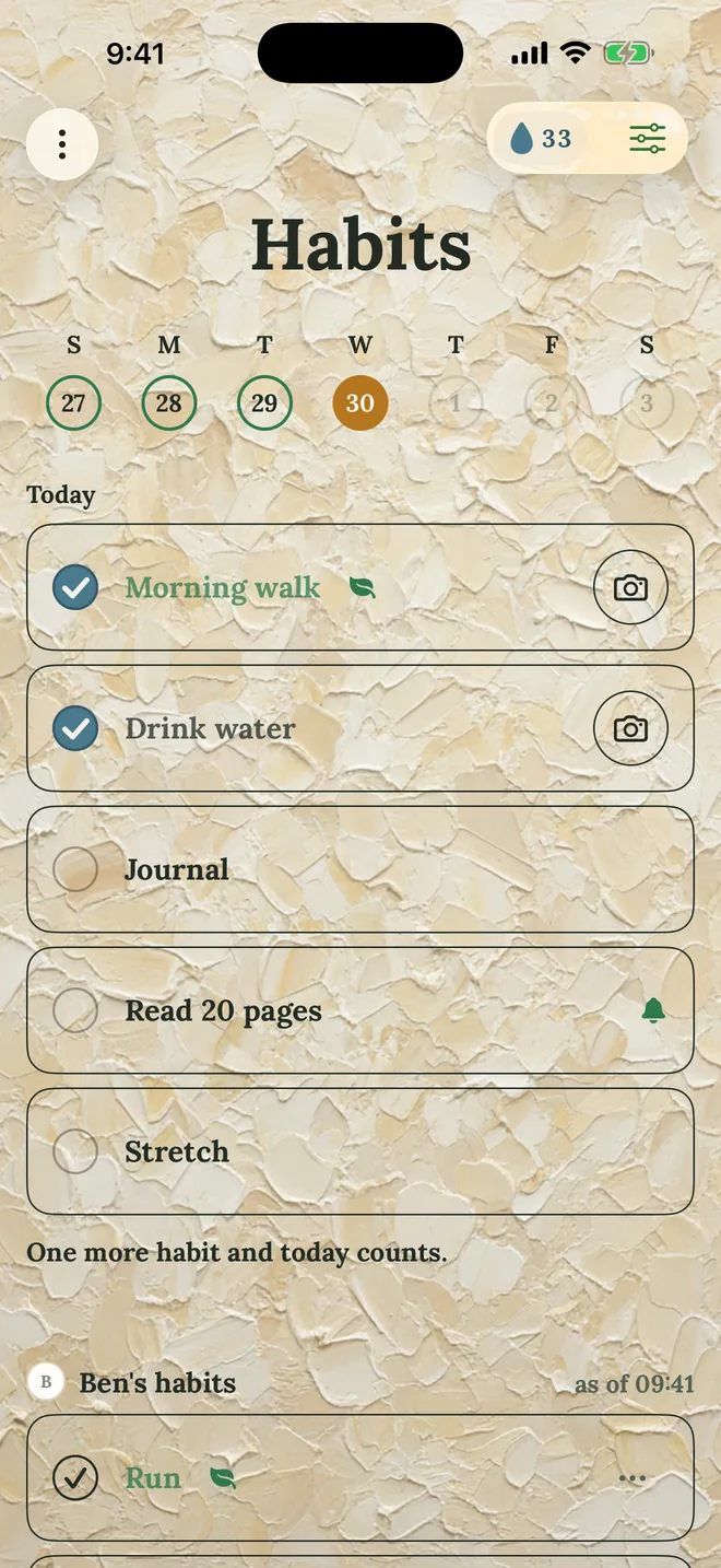 The Habits screen: today's five habits with ticks, and your partner's habits below.